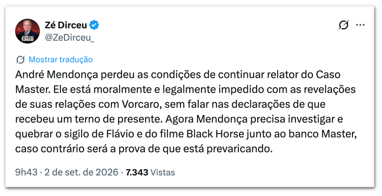 Críticas do PT a André Mendonça: Zé Dirceu pede afastamento do ministro