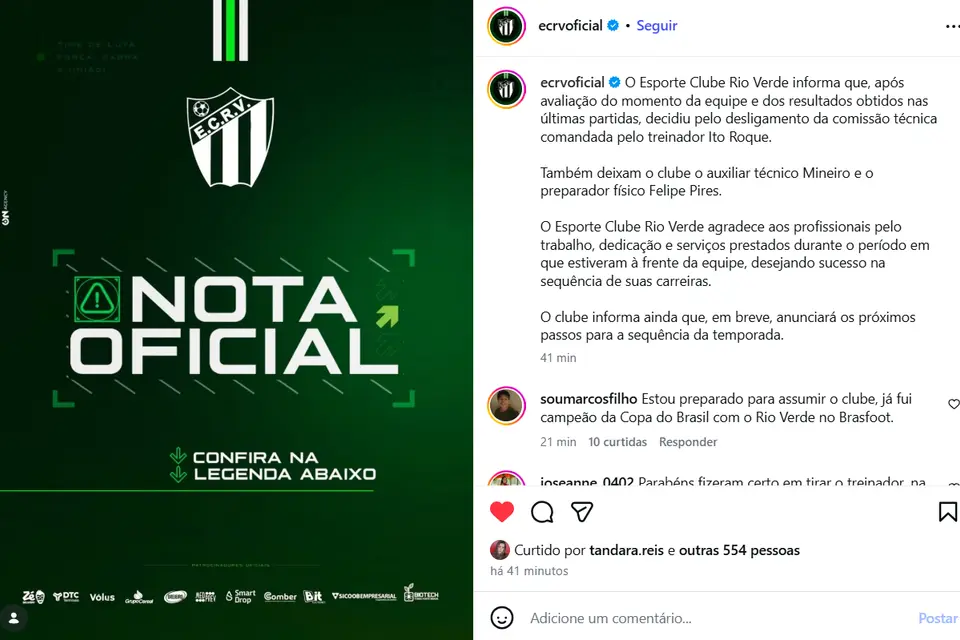 feed-image-1788806728 Rio Verde anuncia demissão do técnico Ito Roque