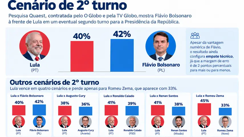 feed-image-1789409664 Quaest mostra Flávio Bolsonaro à frente de Lula no 2º turno pela primeira vez