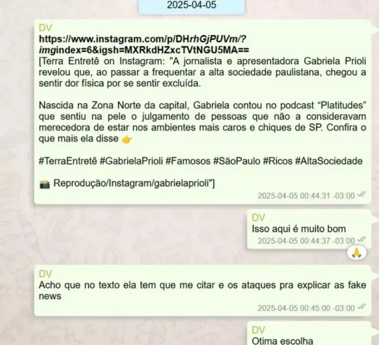 Banco Master pagou Gabriela Prioli por vídeos apresentados como opinião; veja conversas