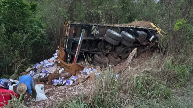 Caminhão carregado de alho bate em ponte e cai em ribanceira na GO-020, em Bela Vista de Goiás