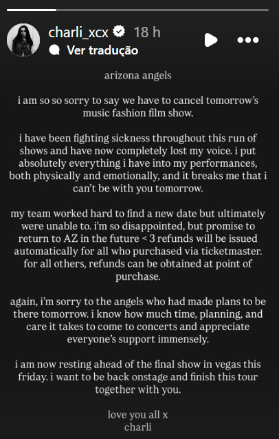 Charli XCX anuncia cancelamento de show após perder completamente a voz na turnê