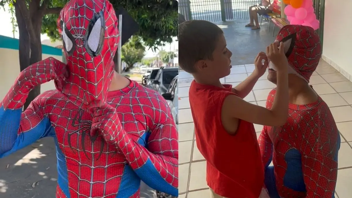 Pai se veste de Homem-Aranha para agradecer escola pelo carinho com filho autista em Senador Canedo